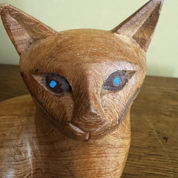 Vintage Hand Carved Wood MCM Cat Statue Figurine Boho Rustic Mid Century Modern - Picture 8 of 16